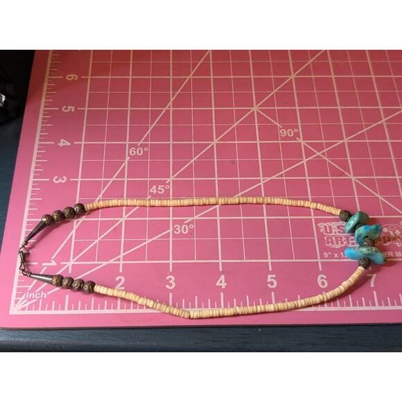 Vintage Heishi Shell Three Turquoise Stone Southwestern Hook Clasp 16" Necklace - Picture 9 of 9